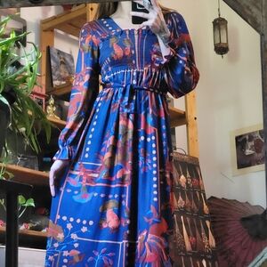 Vintage 70s Loungerie Mushroom Print Maxi Long Sleeve Blue Dress - Size S/M